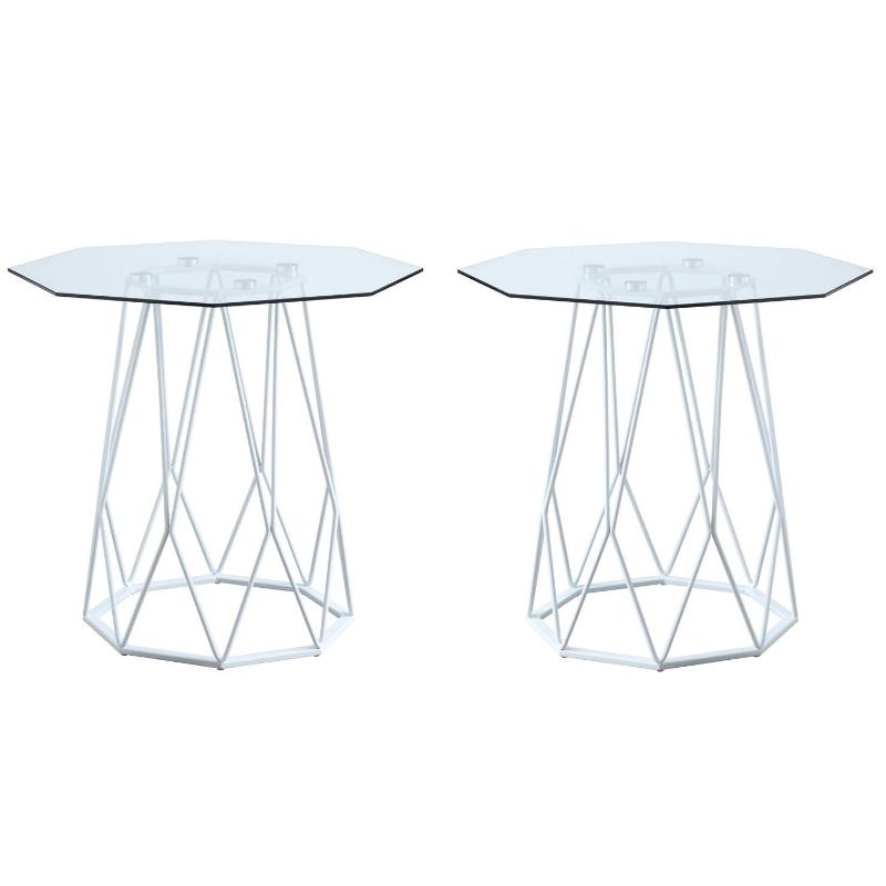 Home Square Growder Contemporary Glass Top End Table in White - Set of 2