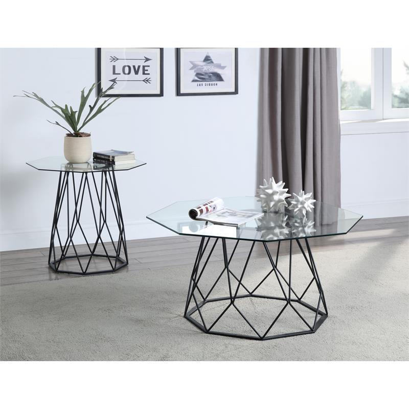 Home Square Growder Contemporary Glass Top End Table in Black - Set of 2