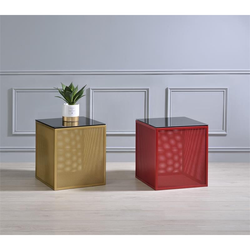 Home Square Kelforia Contemporary Glass Top Side Table in Red - Set of 2