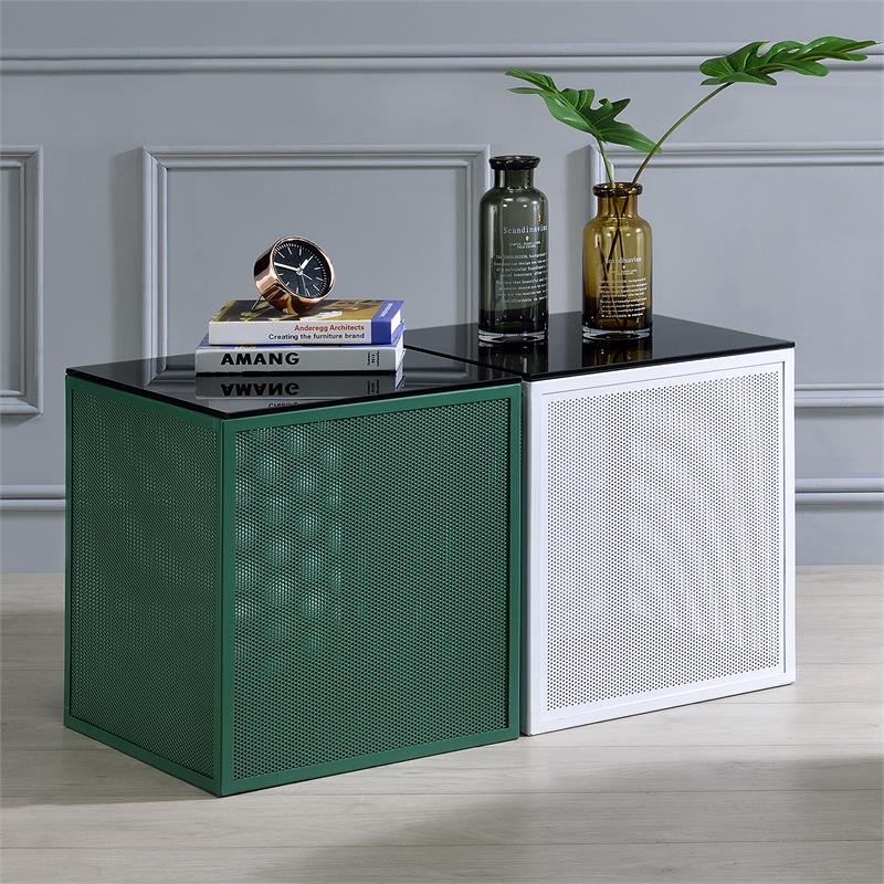Home Square Kelforia Contemporary Glass Top Side Table in Green - Set of 2
