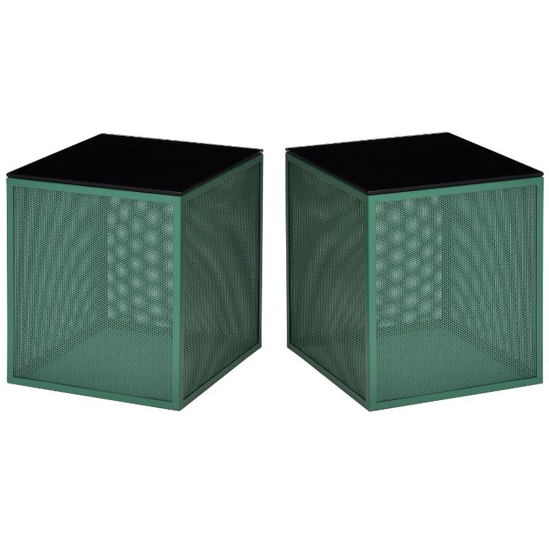 Home Square Kelforia Contemporary Glass Top Side Table in Green - Set of 2