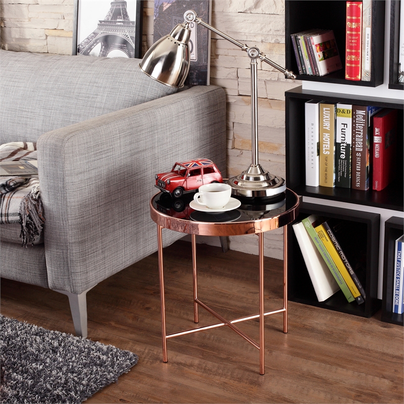 Home Square Vida Modern Glass Top End Table in Rose Gold - Set of 2
