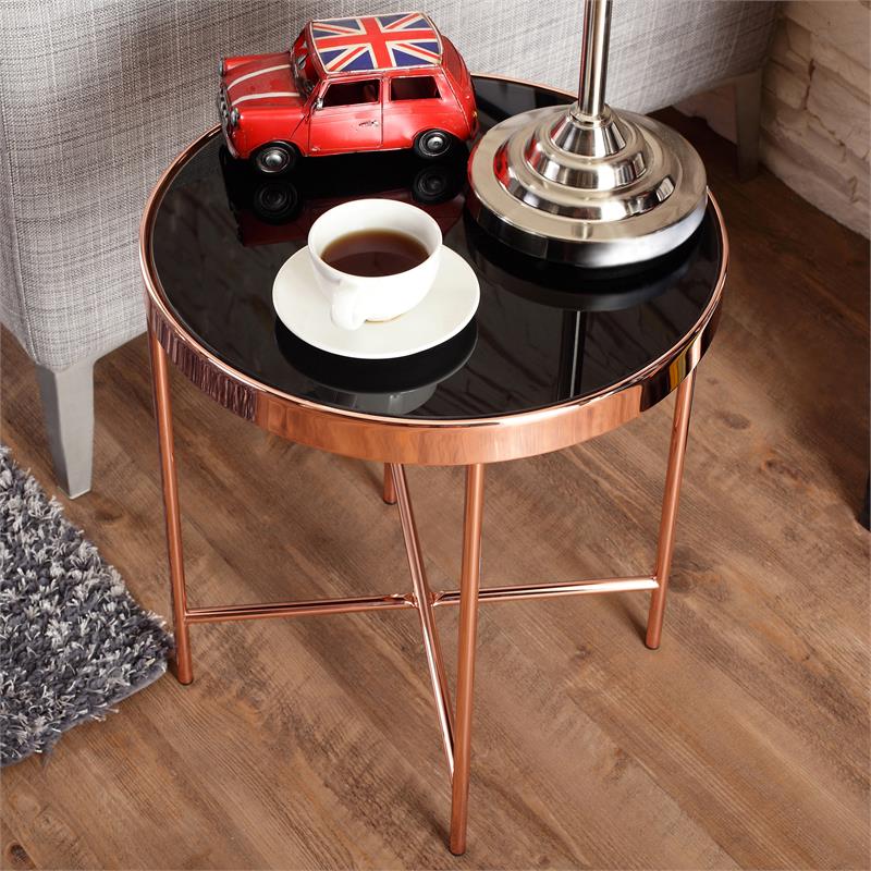 Home Square Vida Modern Glass Top End Table in Rose Gold - Set of 2