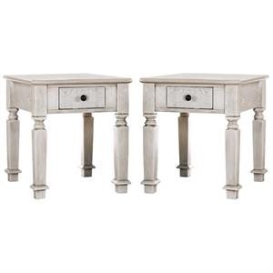 home square vera rustic wood 1-drawer end table in antique white - set of 2