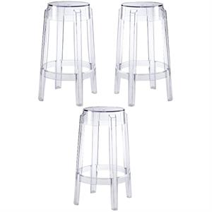 Home Square 3 Piece Transparent Polycarbonate 26.5&quot Counter Stool Set in Clear