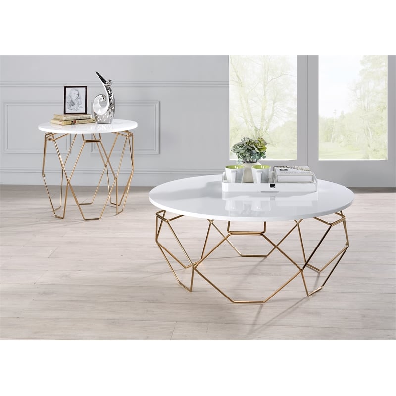 Home Square Zoom Contemporary Wood End Table in White and Gold - Set of 2