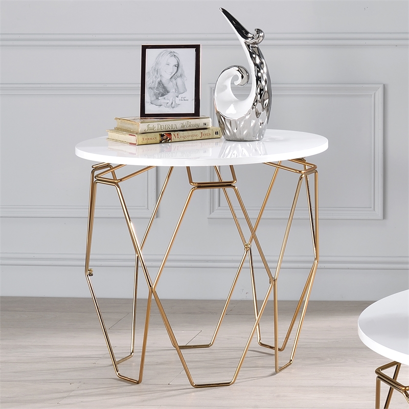 Home Square Zoom Contemporary Wood End Table in White and Gold - Set of 2