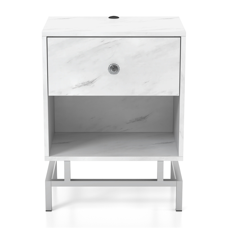 Home Square Lyn Contemporary Wood 1-Drawer End Table in White Marble - Set of 2