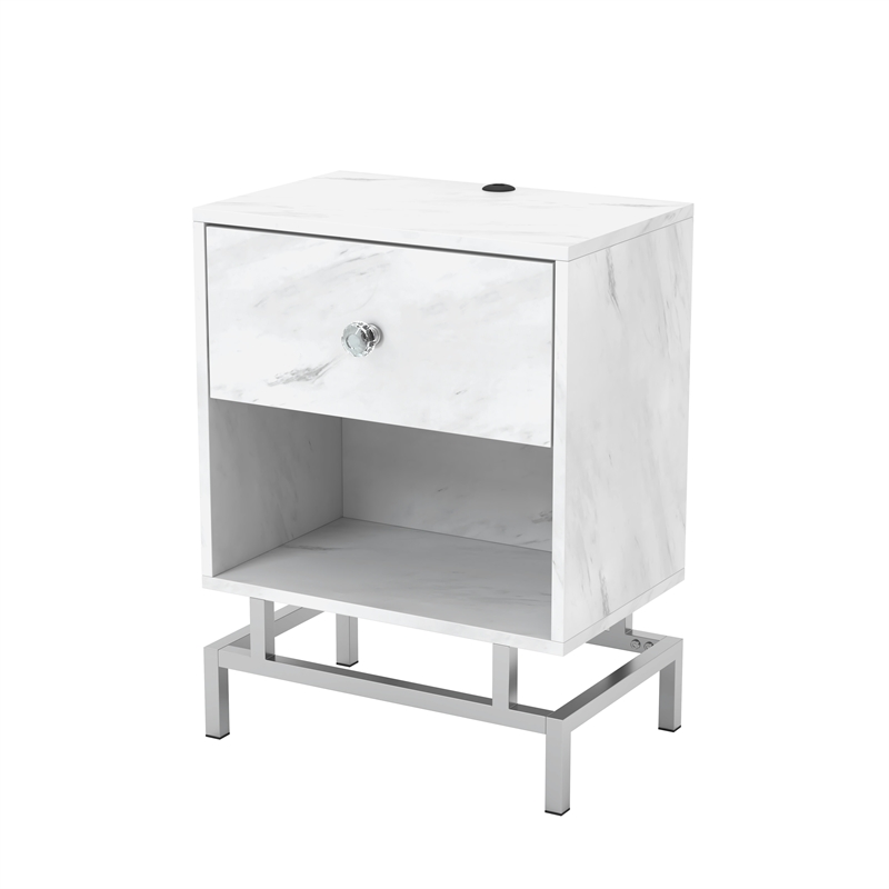 Home Square Lyn Contemporary Wood 1-Drawer End Table in White Marble - Set of 2