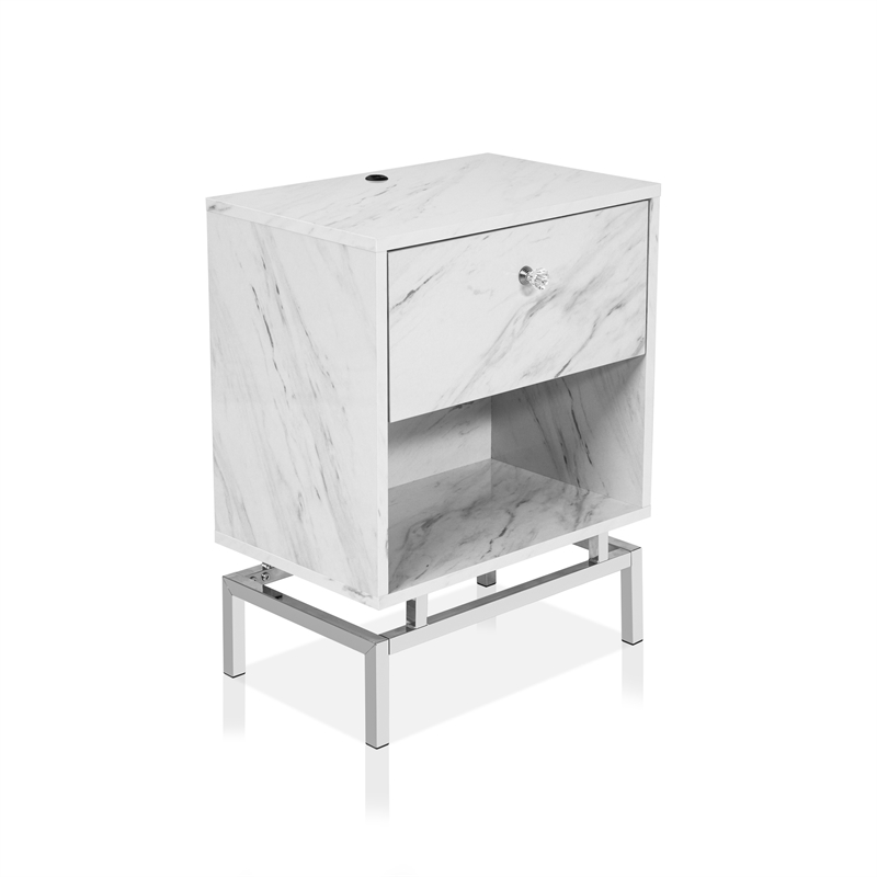 Home Square Lyn Contemporary Wood 1-Drawer End Table in White Marble - Set of 2