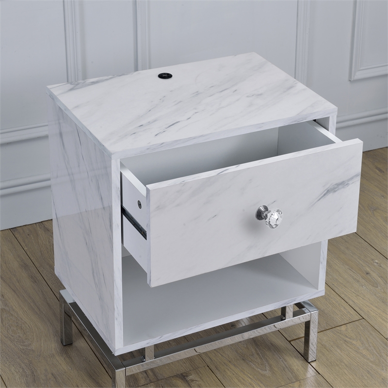 Home Square Lyn Contemporary Wood 1-Drawer End Table in White Marble - Set of 2