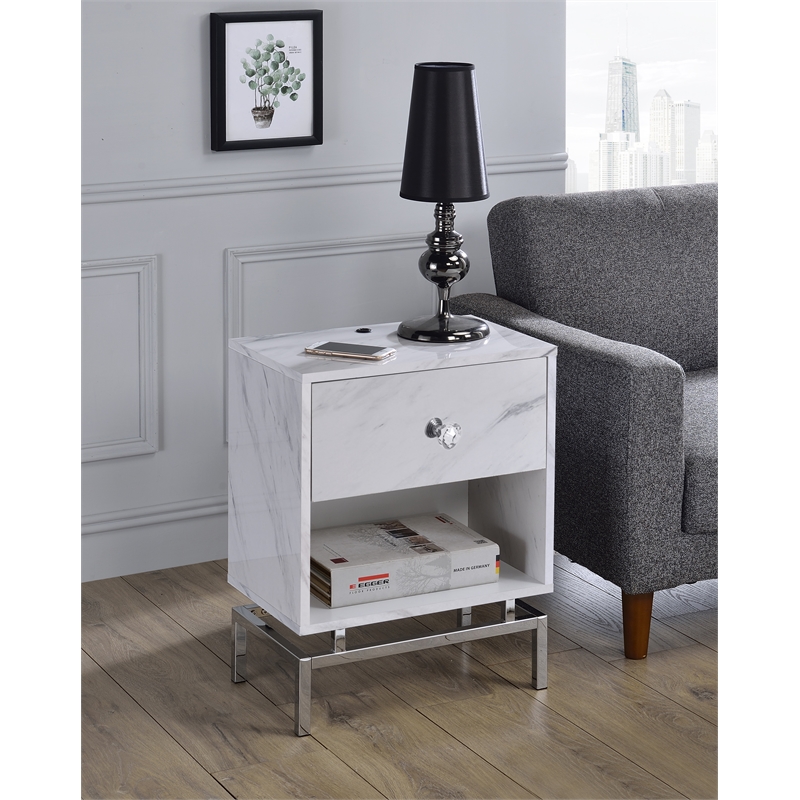 Home Square Lyn Contemporary Wood 1-Drawer End Table in White Marble - Set of 2