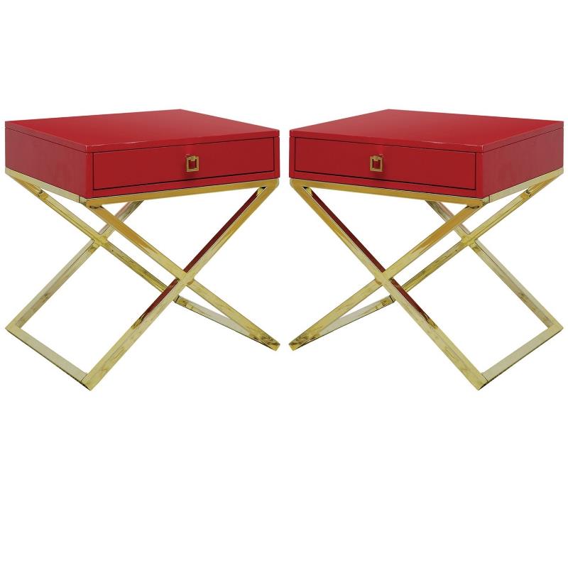 Home Square Ira Contemporary Wood 1-Drawer End Table in Red - Set of 2