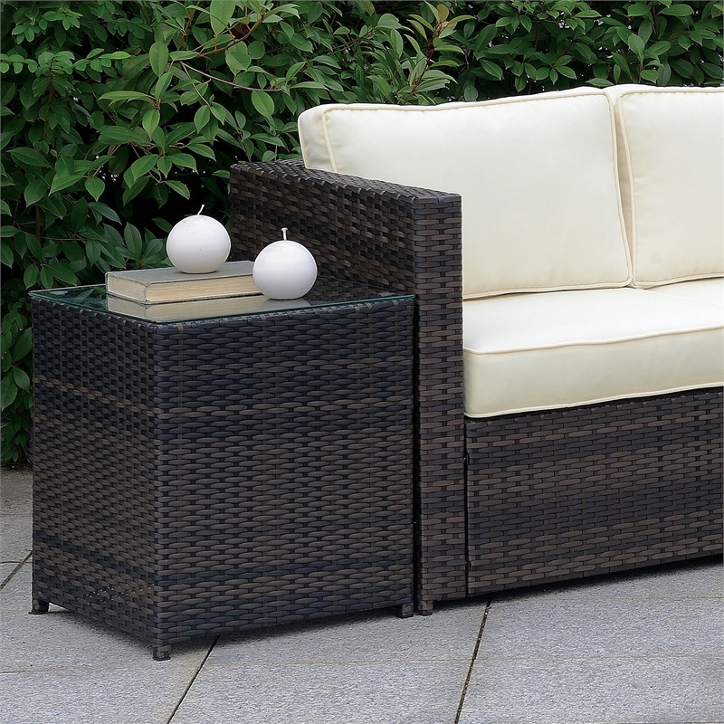 Home Square Daley Contemporary Glass Top Patio End Table in Brown - Set of 2