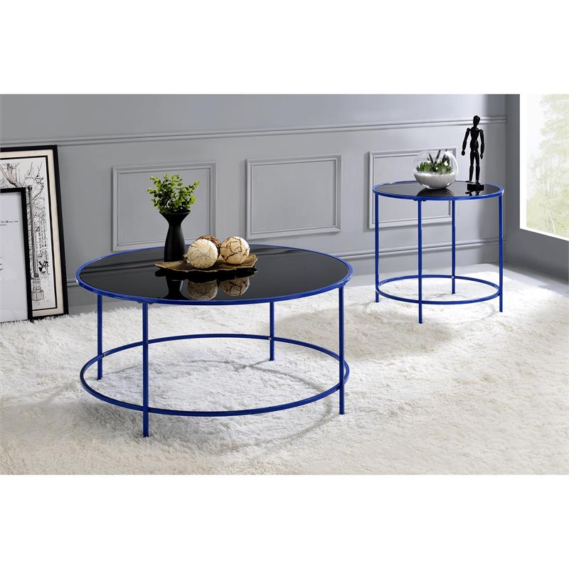 Home Square Keefer Contemporary Black Glass Top Side Table in Blue - Set of 2