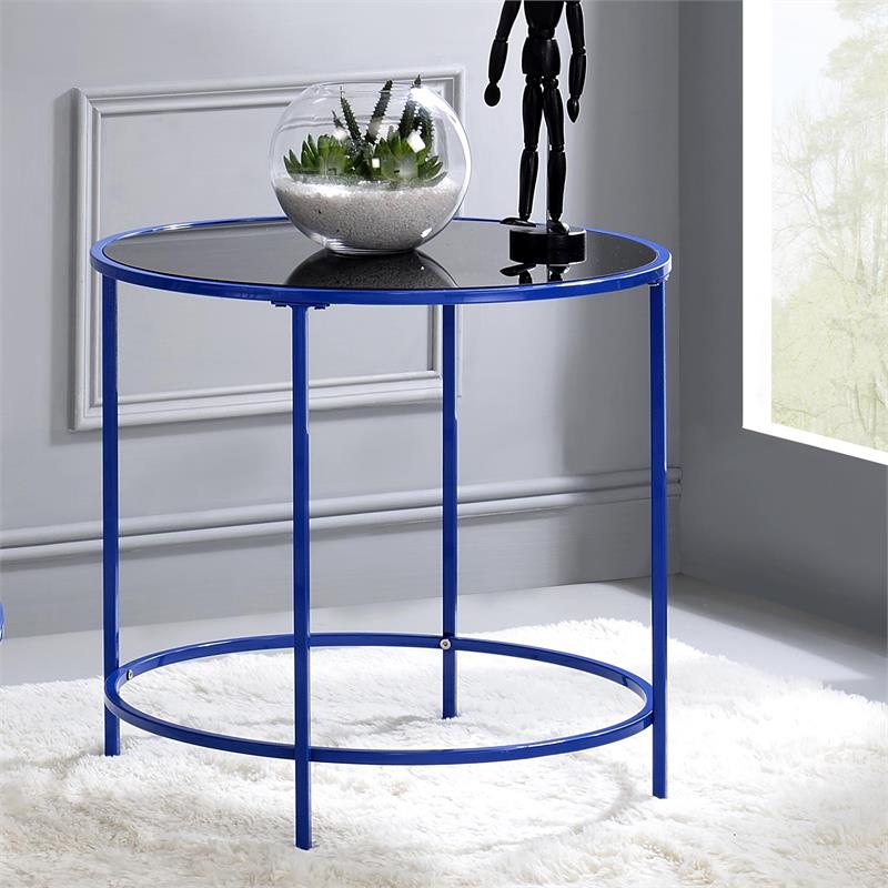 Home Square Keefer Contemporary Black Glass Top Side Table in Blue - Set of 2