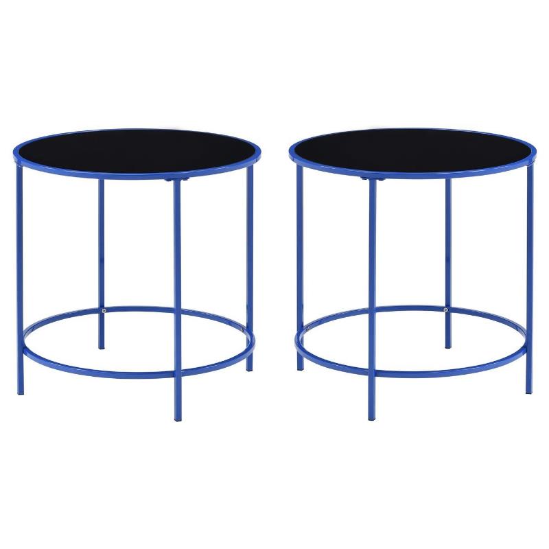 Home Square Keefer Contemporary Black Glass Top Side Table in Blue - Set of 2