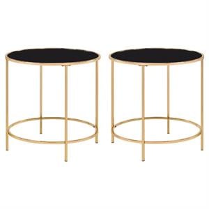 Home Square Contemporary Black Glass Top Side Table in Champagne - Set of 2