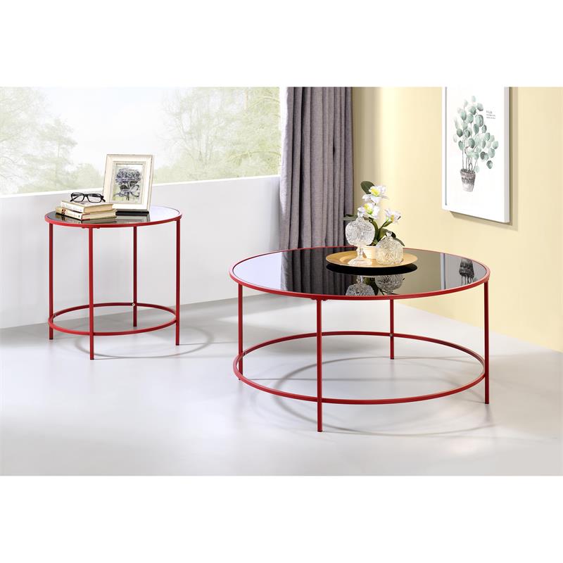 Home Square Keefer Contemporary Black Glass Top Side Table in Red - Set of 2