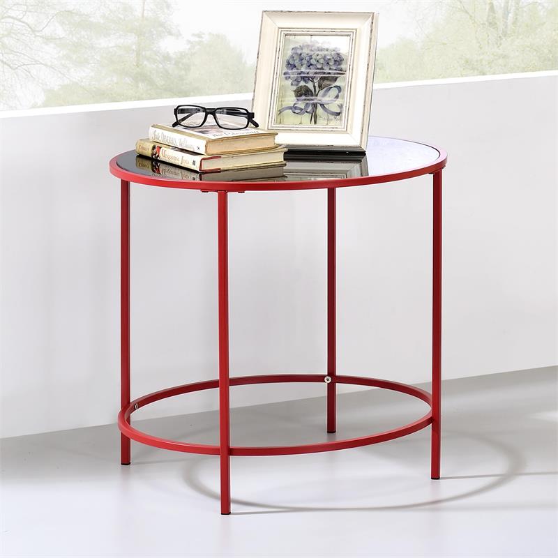 Home Square Keefer Contemporary Black Glass Top Side Table in Red - Set of 2