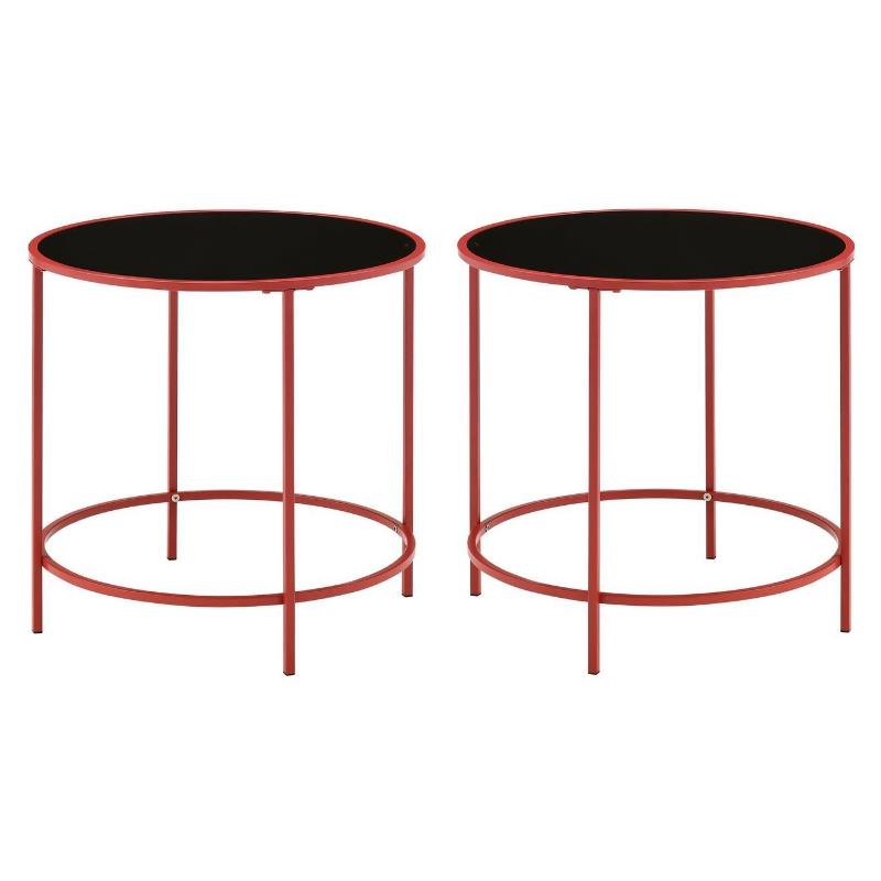 Home Square Keefer Contemporary Black Glass Top Side Table in Red - Set of 2