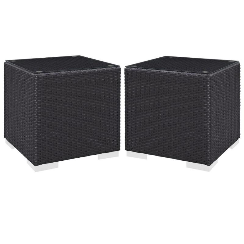 Home Square 2 Piece Aluminum/Rattan Square Patio End Table Set in Espresso