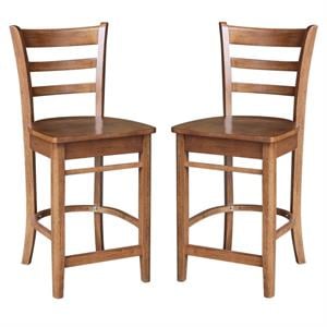 Home Square 2 Piece Solid Parawood 24&quotH Counter Stool Set in Distressed Oak