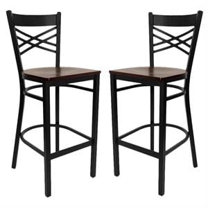 Home Square Hercules 29&quot Back Metal Bar Stool in Mahogany - Set of 2