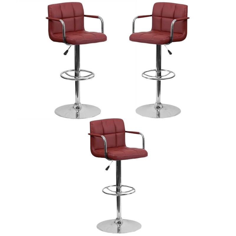 Home Square Quilted Bar Stool with Arms in Burgundy - Set of 3