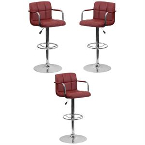 Home Square Quilted Bar Stool with Arms in Burgundy - Set of 3