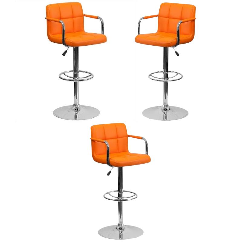 Home Square Quilted Bar Stool with Arms in Orange Finish - Set of 3