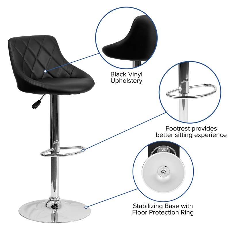 Home Square Adjustable Quilted Bucket Seat Bar Stool in Black - Set of 3