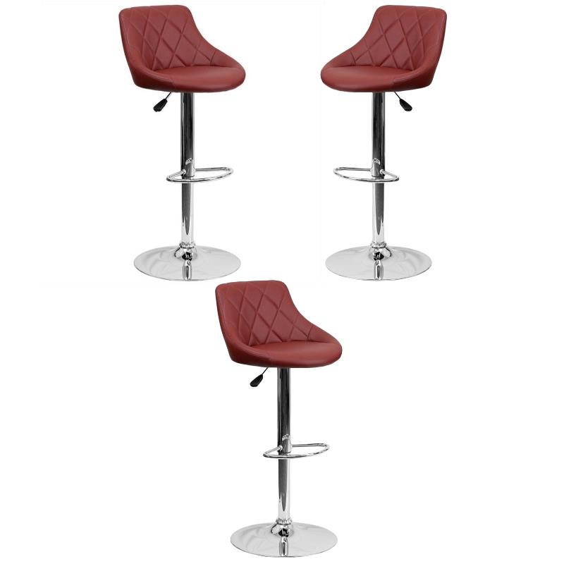 Home Square Adjustable Quilted Bucket Seat Bar Stool in Burgundy - Set of 3