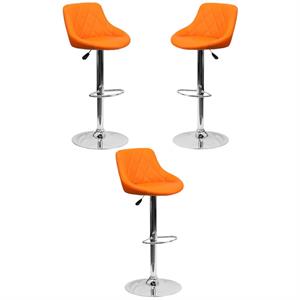Home Square Adjustable Quilted Bucket Seat Bar Stool in Orange - Set of 3