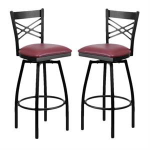 Home Square Hercules 32&quot Swivel Metal Bar Stool in Burgundy/Black - Set of 2