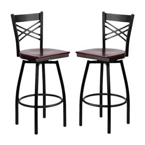 Home Square Hercules 30&quot Swivel Metal Bar Stool in Mahogany and Black - Set of 2