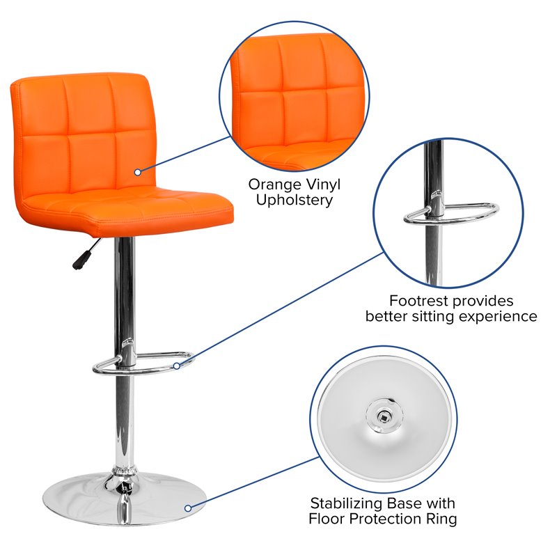 Home Square Quilted Vinyl Upholstery Bar Stool in Orange - Set of 3