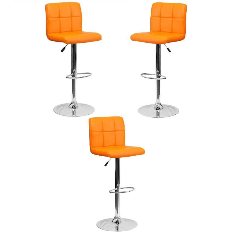 Home Square Quilted Vinyl Upholstery Bar Stool in Orange - Set of 3