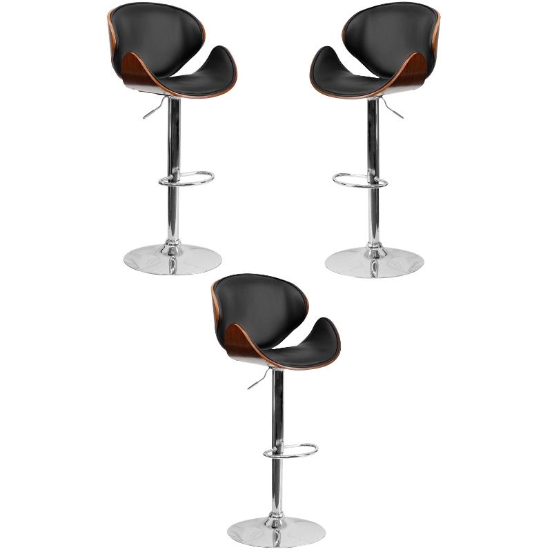 Home Square Adjustable Bar Stool with Curved Seat in Walnut - Set of 3