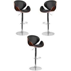 Home Square Adjustable Bar Stool with Curved Seat in Walnut - Set of 3