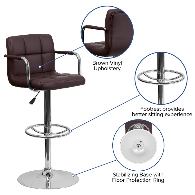 Home Square Quilted Adjustable Bar Stool with Arms in Brown - Set of 2