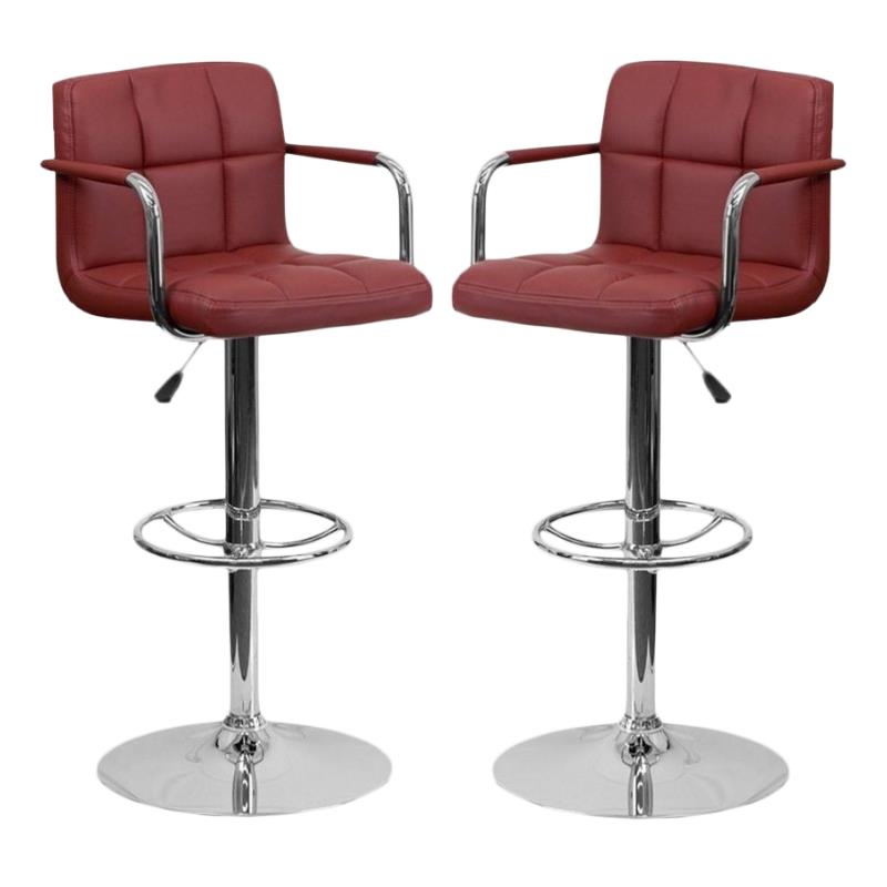 Home Square Quilted Adjustable Bar Stool with Arms in Burgundy - Set of 2