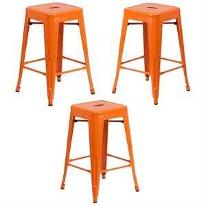 Home Square 24&quot Metal Backless Counter Stool in Orange - Set of 3