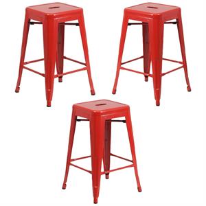 Home Square 24&quot Metal Backless Counter Stool in Red - Set of 3