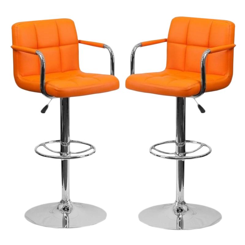 Home Square Quilted Adjustable Bar Stool with Arms in Orange - Set of 2