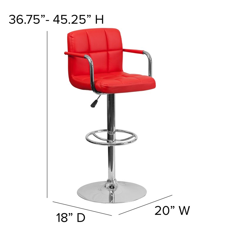 Home Square Quilted Adjustable Bar Stool with Arms in Red - Set of 2