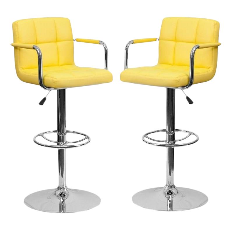 Home Square Quilted Adjustable Bar Stool with Arms in Yellow - Set of 2