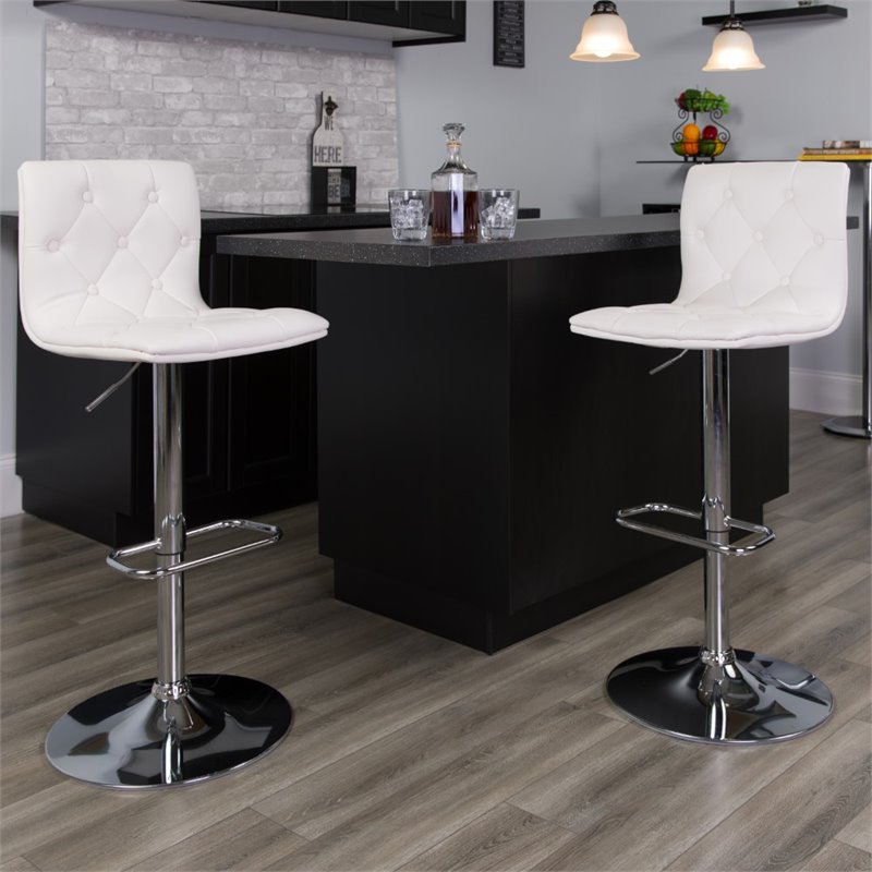 Home Square Tufted Adjustable Bar Stool in White Finish - Set of 2
