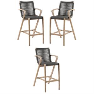 home square outdoor eucalyptus wood barstool in charcoal rope - set of 3