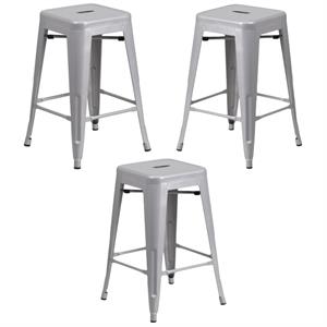 Home Square 24&quot Metal Backless Counter Stool in Silver - Set of 3